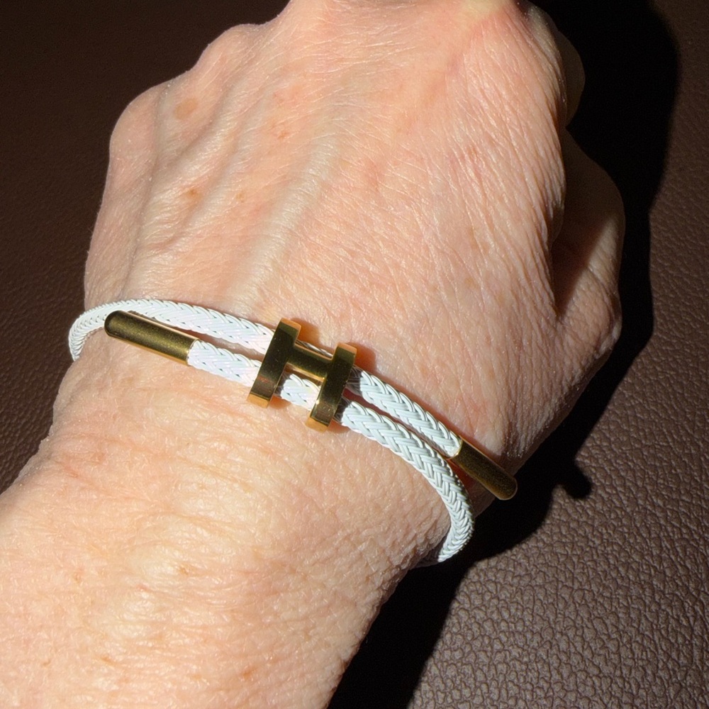 White Braided Cable Bracelet with Gold H Accent - Picture 2 of 5